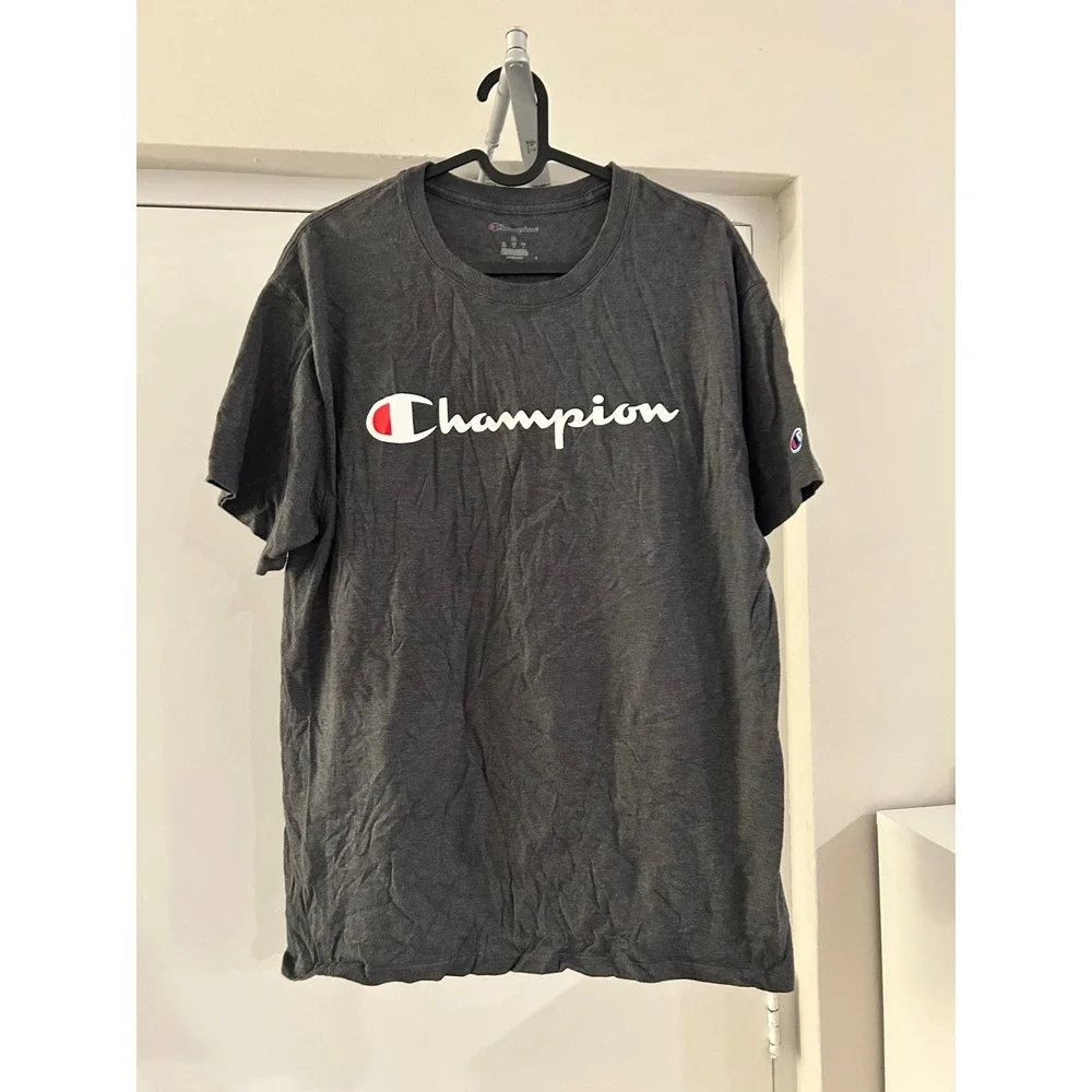 Champion Mens‎ Script Logo T-Shirt Charcoal Heather Grey Medium Short Sleeve - Picture 2 of 7